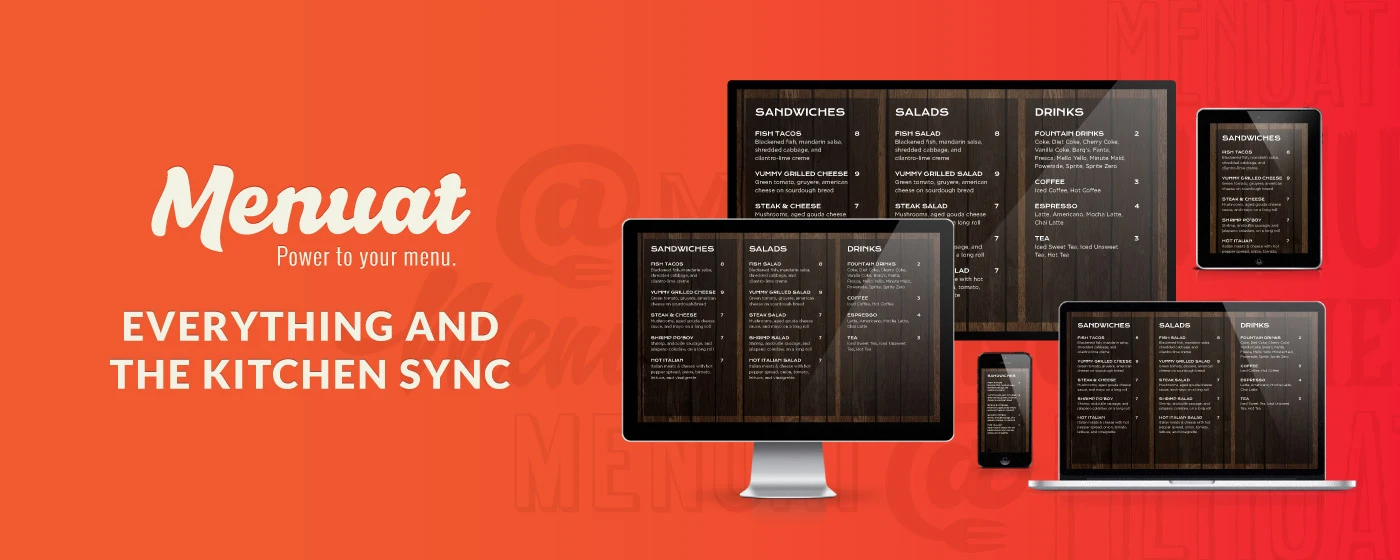 Menuat menu content displayed across a TV, desktop computer, tablet, laptop, and phone